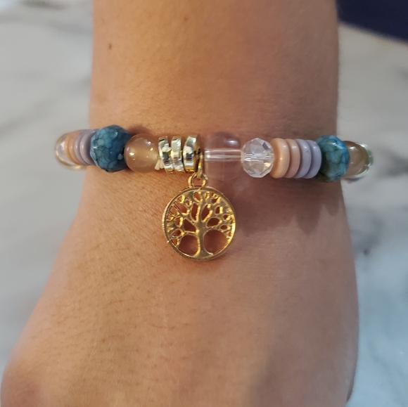 Multi-color beads gold tone Tree of Life Charm Stretch Bracelet - Picture 2 of 11